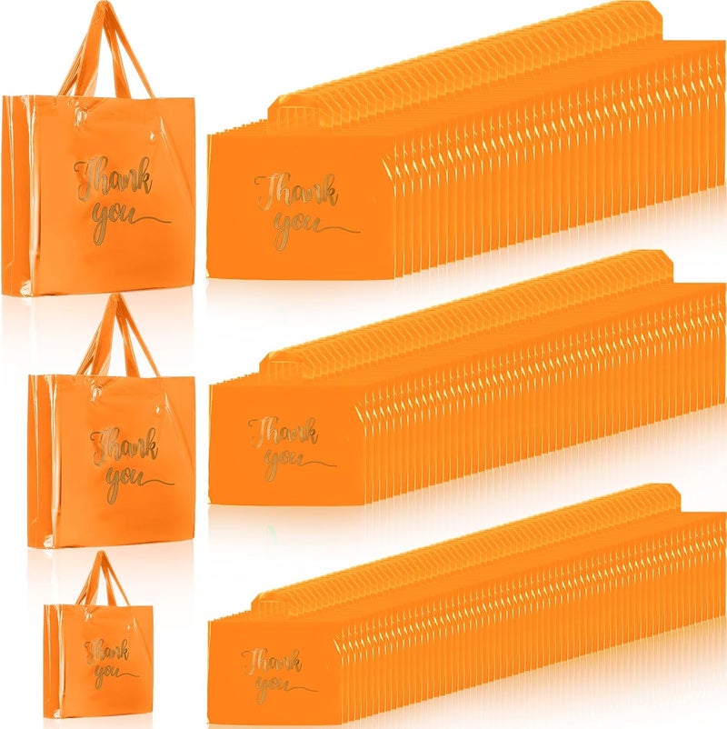 Teling 200 Pcs Thanks Bags with Handle Bulk Thank You Merchandise Bags 3 Size Plastic Packet Retail Shopping Package for Boutique 9 x 12'', 12 x 15'', 15 x 18''(Orange) - Image 1